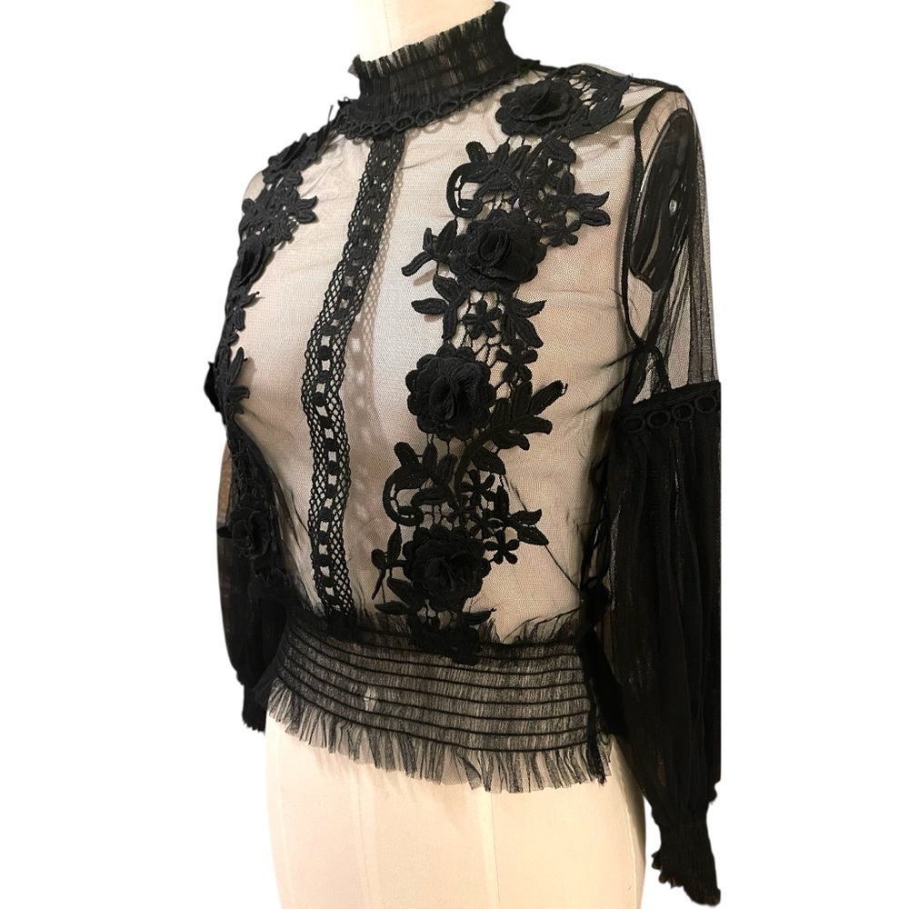 ❤️ Victorian x Gothic Tulle Lace Bell Sleeve Sheer Blouse - Picture 6 of 12
